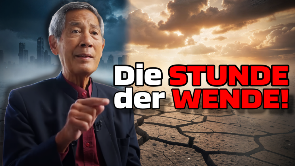 Professor Dr. Sucharit Bhakdi vor einem Splitscreen, der Wandlung anzeigt. Er zeigt mit einem Finger auf den Text "Die Stunde der Wende"